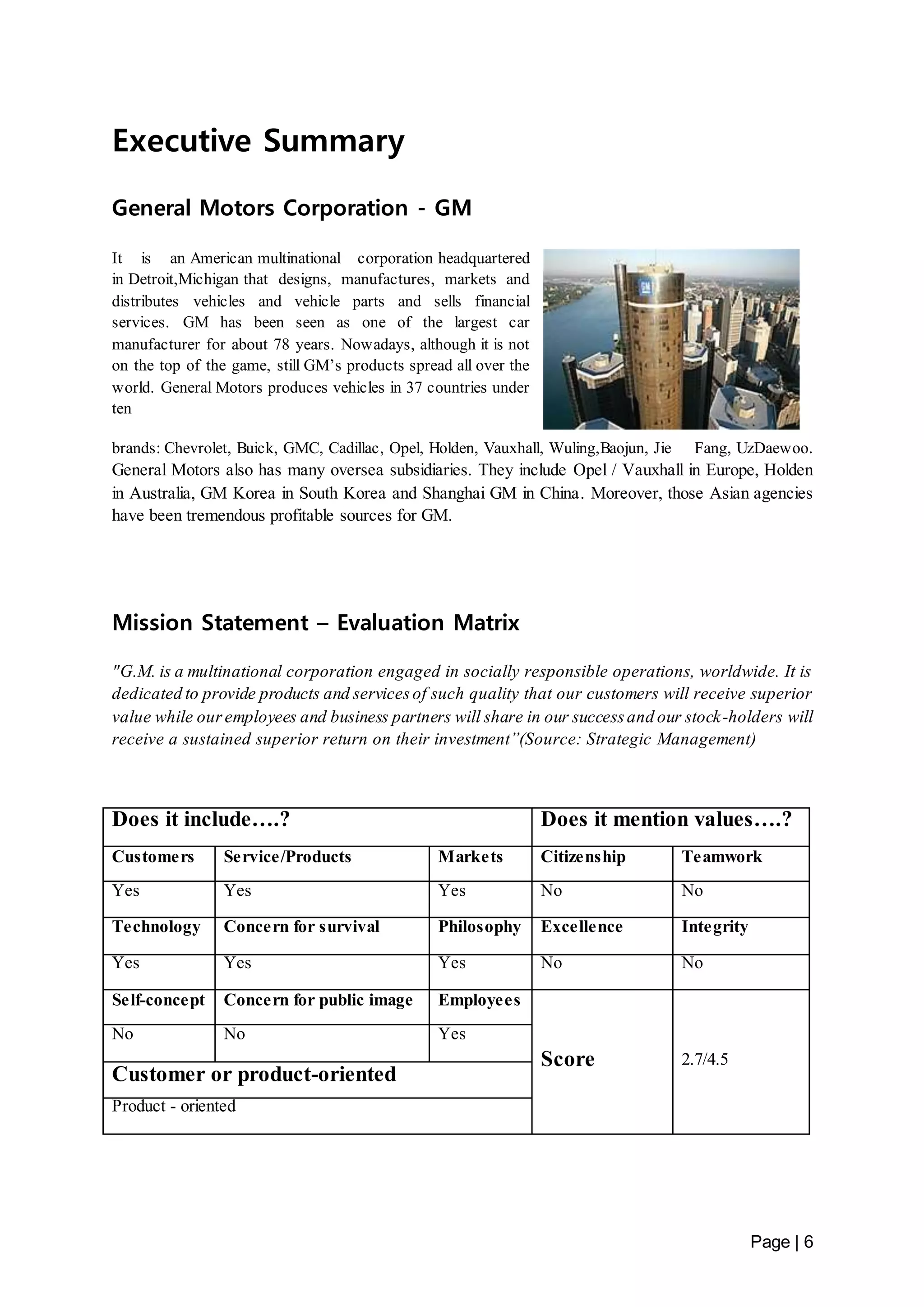 Page | 6 
Executive Summary 
General Motors Corporation - GM 
It is an American multinational corporation headquartered 
in Detroit,Michigan that designs, manufactures, markets and 
distributes vehicles and vehicle parts and sells financial 
services. GM has been seen as one of the largest car 
manufacturer for about 78 years. Nowadays, although it is not 
on the top of the game, still GM’s products spread all over the 
world. General Motors produces vehicles in 37 countries under 
ten 
brands: Chevrolet, Buick, GMC, Cadillac, Opel, Holden, Vauxhall, Wuling,Baojun, Jie Fang, UzDaewoo. 
General Motors also has many oversea subsidiaries. They include Opel / Vauxhall in Europe, Holden 
in Australia, GM Korea in South Korea and Shanghai GM in China. Moreover, those Asian agencies 
have been tremendous profitable sources for GM. 
Mission Statement – Evaluation Matrix 
"G.M. is a multinational corporation engaged in socially responsible operations, worldwide. It is 
dedicated to provide products and services of such quality that our customers will receive superior 
value while our employees and business partners will share in our success and our stock-holders will 
receive a sustained superior return on their investment”(Source: Strategic Management) 
Does it include….? Does it mention values….? 
Customers Service/Products Markets Citizenship Teamwork 
Yes Yes Yes No No 
Technology Concern for survival Philosophy Excellence Integrity 
Yes Yes Yes No No 
Self-concept Concern for public image Employees 
Score 2.7/4.5 
No No Yes 
Customer or product-oriented 
Product - oriented 
 