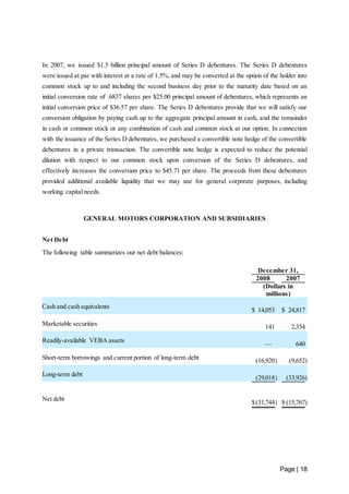 In 2007, we issued $1.5 billion principal amount of Series D debentures. The Series D debentures 
were issued at par with interest at a rate of 1.5%, and may be converted at the option of the holder into 
common stock up to and including the second business day prior to the maturity date based on an 
initial conversion rate of .6837 shares per $25.00 principal amount of debentures, which represents an 
initial conversion price of $36.57 per share. The Series D debentures provide that we will satisfy our 
conversion obligation by paying cash up to the aggregate principal amount in cash, and the remainder 
in cash or common stock or any combination of cash and common stock at our option. In connection 
with the issuance of the Series D debentures, we purchased a convertible note hedge of the convertible 
debentures in a private transaction. The convertible note hedge is expected to reduce the potential 
dilution with respect to our common stock upon conversion of the Series D debentures, and 
effectively increases the conversion price to $45.71 per share. The proceeds from these debentures 
provided additional available liquidity that we may use for general corporate purposes, including 
working capital needs. 
Page | 18 
GENERAL MOTORS CORPORATION AND SUBSIDIARIES 
Net Debt 
The following table summarizes our net debt balances: 
December 31, 
2008 2007 
(Dollars in 
millions) 
Cash and cash equivalents 
$ 14,053 $ 24,817 
Marketable securities 
141 2,354 
Readily-available VEBA assets 
— 640 
Short-term borrowings and current portion of long-term debt 
(16,920 ) (9,652 ) 
Long-term debt 
(29,018 ) (33,926 ) 
Net debt 
$ (31,744 ) $ (15,767 ) 
 