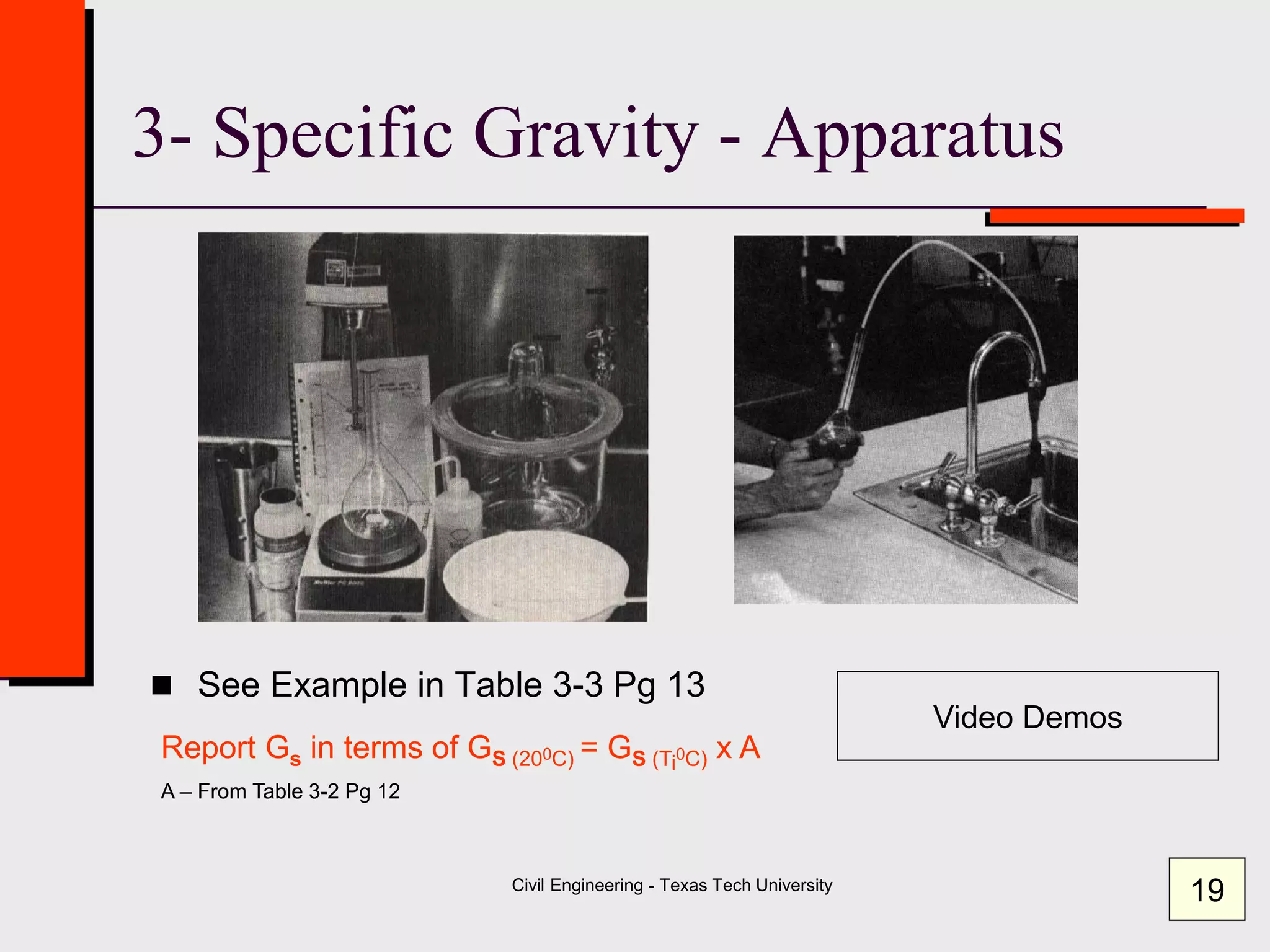Civil Engineering - Texas Tech University
3- Specific Gravity - Apparatus
Report Gs in terms of GS (200C) = GS (Ti0C) x A
A – From Table 3-2 Pg 12
 See Example in Table 3-3 Pg 13
19
Video Demos
 