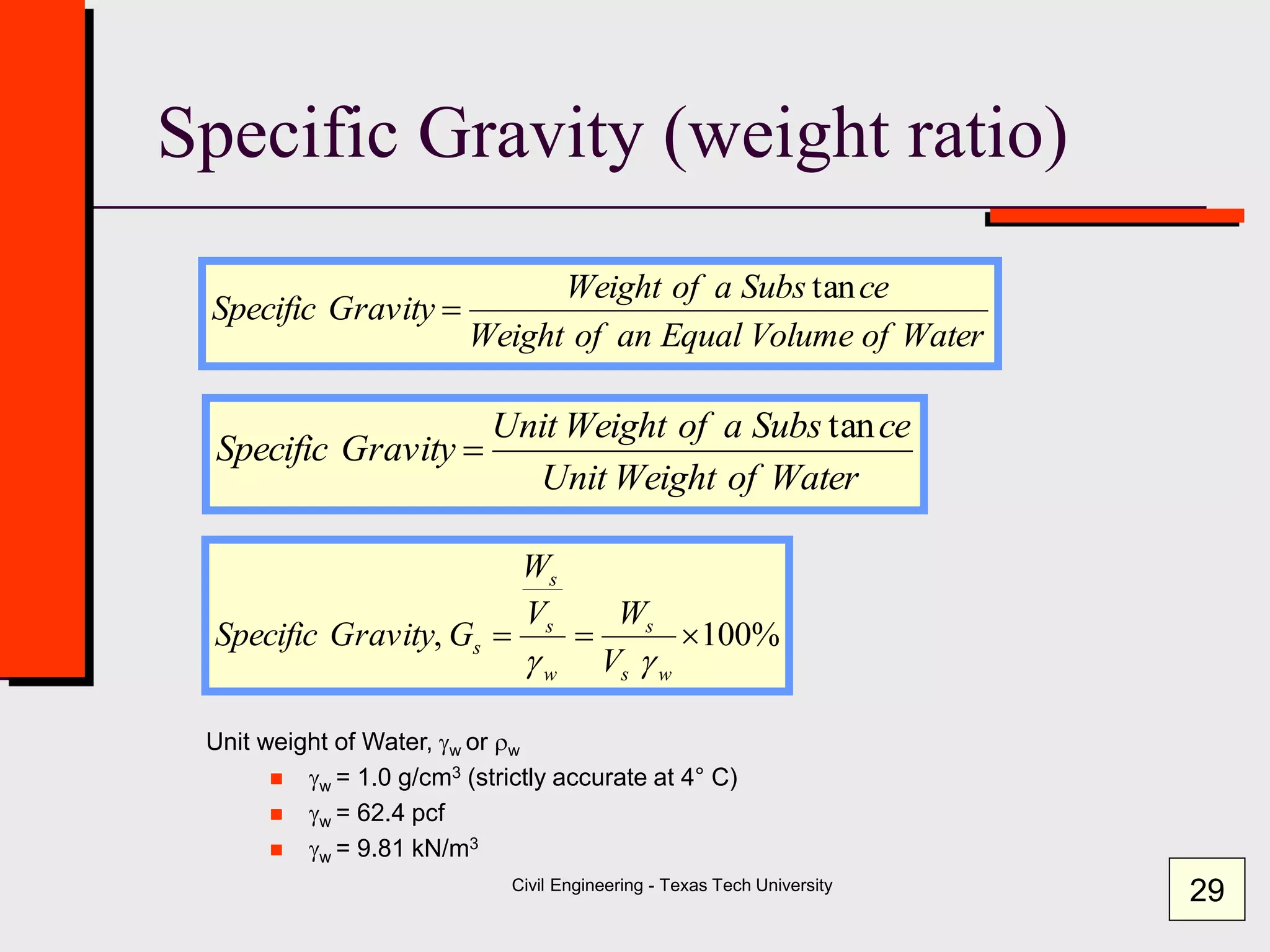 Civil Engineering - Texas Tech University
Specific Gravity (weight ratio)
WaterofVolumeEqualanofWeight
ceSubsaofWeight
GravitySpecific
tan

WaterofWeightUnit
ceSubsaofWeightUnit
GravitySpecific
tan

%100, 
ws
s
w
s
s
s
V
WV
W
GGravitySpecific
gg
Unit weight of Water, gw or w
 gw = 1.0 g/cm3 (strictly accurate at 4° C)
 gw = 62.4 pcf
 gw = 9.81 kN/m3
29
 
