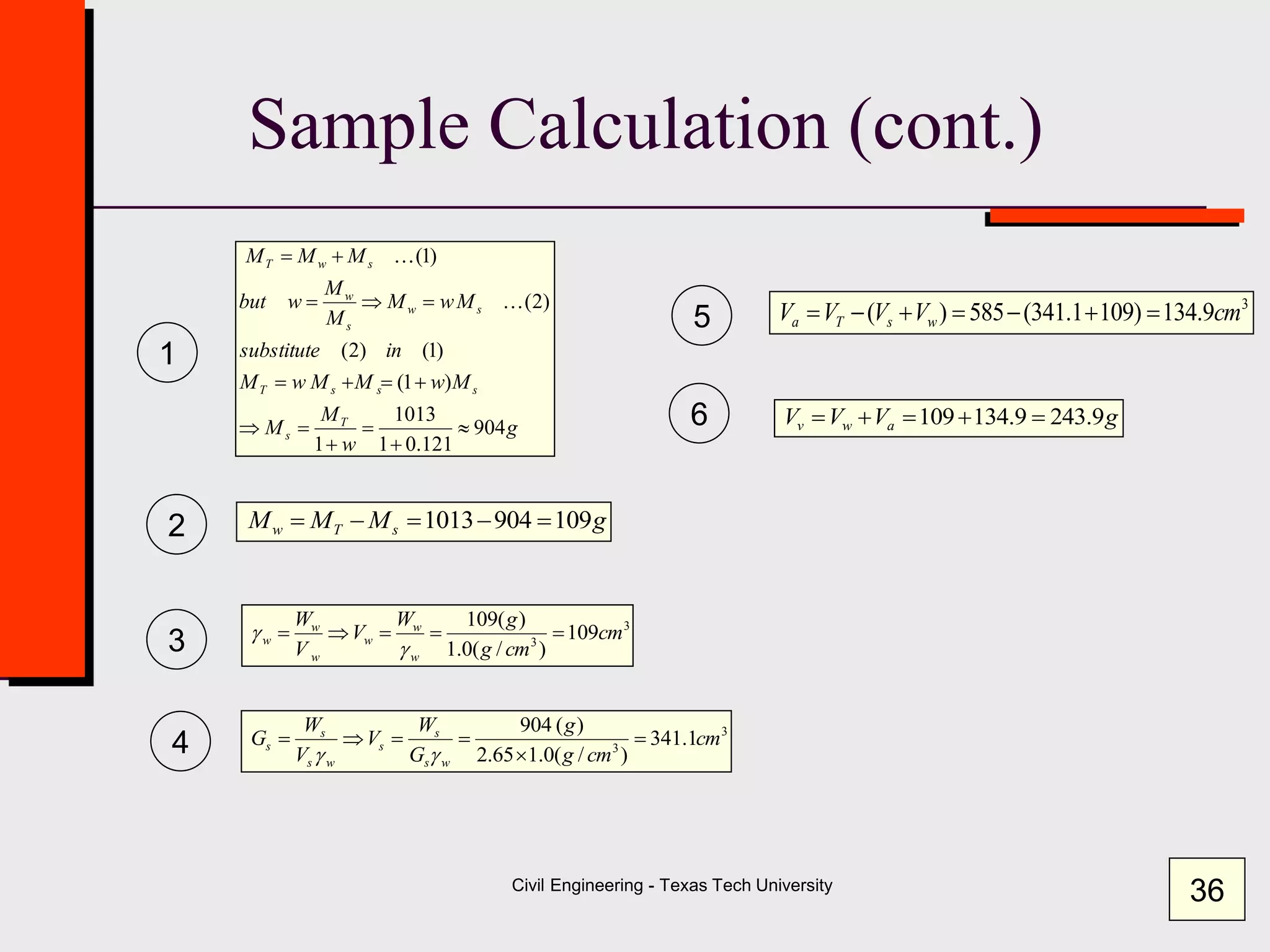 Civil Engineering - Texas Tech University
Sample Calculation (cont.)
g
w
M
M
MwMMwM
insubstitute
MwM
M
M
wbut
MMM
T
s
sssT
sw
s
w
swT
904
121.01
1013
1
)1(
)1()2(
)2(
)1(










gVVV awv 9.2439.134109 
3
3
1.341
)/(0.165.2
)(904
cm
cmg
g
G
W
V
V
W
G
ws
s
s
ws
s
s 


gg
3
3
109
)/(0.1
)(109
cm
cmg
gW
V
V
W
w
w
w
w
w
w 
g
g
3
9.134)1091.341(585)( cmVVVV wsTa 
gMMM sTw 1099041013 
1
2
3
4
5
6
36
 