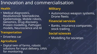 Health
• Medical diagnostics,
Revolutionize Telemedicine,
Epidiemology, Mobile robots,
Genomics, Drug discovery,
Protein modelling, Pathogen
models, Neuroscience and AI
Transportation
• Driverless car
Agriculture
• Digital twin of farms, robotic
solutions for input delivery, UAVs
for monitoring
Military
• Autonomous weapon systems,
Drone fleets
Financial services
• Banks, insurance companies,
stock trading
Social sciences
• Modelling for societies
Innovation and commercialisation
 