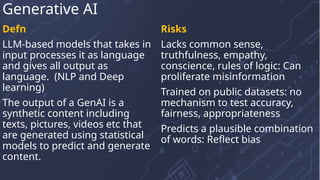 Defn
LLM-based models that takes in
input processes it as language
and gives all output as
language. (NLP and Deep
learning)
The output of a GenAI is a
synthetic content including
texts, pictures, videos etc that
are generated using statistical
models to predict and generate
content.
Risks
Lacks common sense,
truthfulness, empathy,
conscience, rules of logic: Can
proliferate misinformation
Trained on public datasets: no
mechanism to test accuracy,
fairness, appropriateness
Predicts a plausible combination
of words: Reflect bias
Generative AI
 