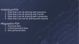 •Individual POV
1. Data that I am ok sharing with everyone
2. Data that I am ok sharing with friends
3. Data that I am ok sharing with companies
4. Data that I am not ok sharing with anyone
•Regulation POV
1. Personal data
2. Critical personal data
3. Non-personal data
 