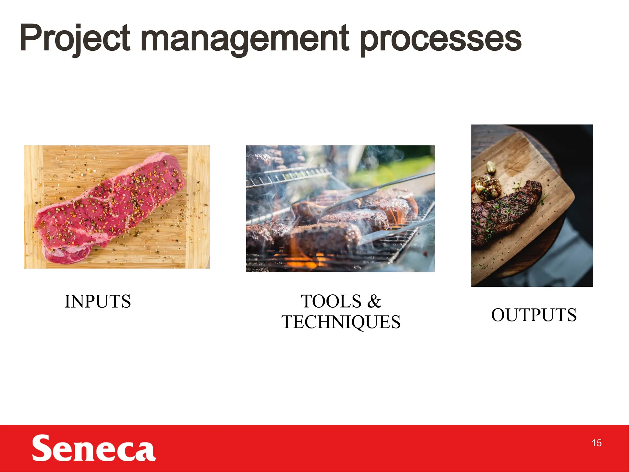 15
Project management processes
INPUTS TOOLS &
TECHNIQUES OUTPUTS
 