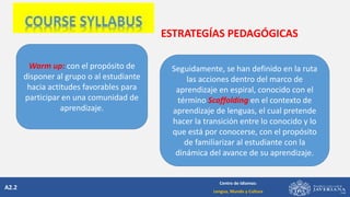 A2.2
Centro de Idiomas:
Lengua, Mundo y Cultura
ESTRATEGÍAS PEDAGÓGICAS
Warm up: con el propósito de
disponer al grupo o al estudiante
hacia actitudes favorables para
participar en una comunidad de
aprendizaje.
Seguidamente, se han definido en la ruta
las acciones dentro del marco de
aprendizaje en espiral, conocido con el
término Scaffolding en el contexto de
aprendizaje de lenguas, el cual pretende
hacer la transición entre lo conocido y lo
que está por conocerse, con el propósito
de familiarizar al estudiante con la
dinámica del avance de su aprendizaje.
 