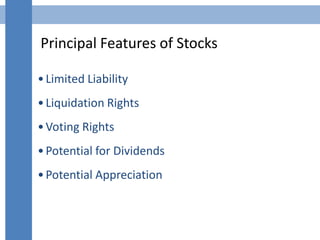Principal Features of Stocks
•Limited Liability
•Liquidation Rights
•Voting Rights
•Potential for Dividends
•Potential App...