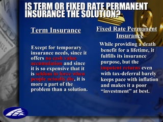 IS TERM OR FIXED RATE PERMANENT INSURANCE THE SOLUTION? <ul><li>Term Insurance   </li></ul><ul><li>Except for temporary in...
