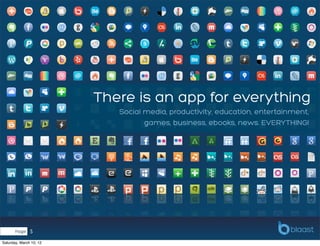 There is an app for everything
                            Social media, productivity, education, entertainment,
                                   games, business, ebooks, news. EVERYTHING!




       Page    5
Saturday, March 10, 12
 