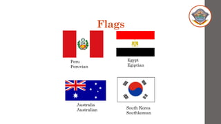 Flags
Peru
Peruvian
Egypt
Egiptian
South Korea
Southkorean
Australia
Australian
 
