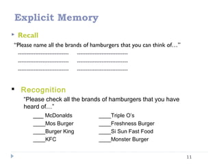 11
Explicit Memory
 Recall
“Please name all the brands of hamburgers that you can think of…”
----------------------------- -----------------------------
----------------------------- -----------------------------
----------------------------- -----------------------------
 Recognition
“Please check all the brands of hamburgers that you have
heard of…”
___ McDonalds ____Triple O’s
____Mos Burger ____Freshness Burger
____Burger King ____Si Sun Fast Food
____KFC ____Monster Burger
 