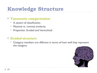 Knowledge Structure
23
 Taxonomic categorization
 A system of classification
 Maximal vs. minimal similarity
 Properties: Graded and hierarchical
 Graded structure
 Category members are different in terms of how well they represent
the category
 