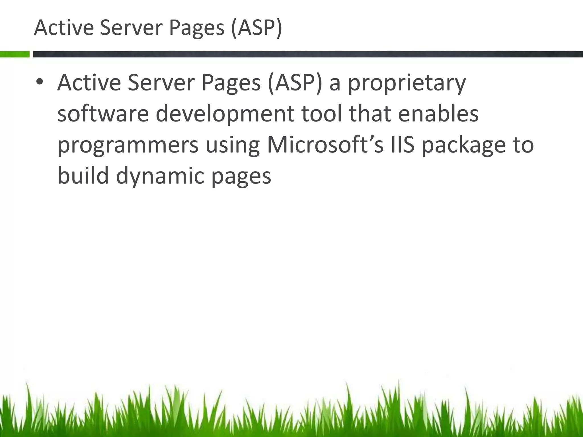 Active Server Pages (ASP)
• Active Server Pages (ASP) a proprietary
software development tool that enables
programmers using Microsoft’s IIS package to
build dynamic pages
 