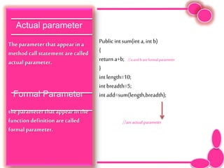 Actual parameter
Theparameter that appear in a
method call statement arecalled
actual parameter.
Formal Parameter
the parameter that appear in the
function definition are called
formal parameter.
Public int sum(int a, int b)
{
return a+b; //a andbareformal parameter
}
int length=10;
int breadth=5;
int add=sum(length,breadth);
//areactual parameter
 