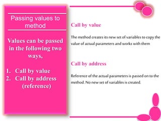 Passing values to
method
Values can be passed
in the following two
ways,
1. Call by value
2. Call by address
(reference)
Call by value
Themethod createsits newset of variables to copy the
value of actual parameters andworks with them
Call by address
Reference of the actual parameters is passed on to the
method. No newset ofvariables is created.
 