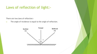 Laws of reflection of light:-
There are two laws of reflection:-
i) The angle of incidence is equal to the angle of reflection.
 