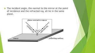  The incident angle, the normal to the mirror at the point
of incidence and the refracted ray, all lie in the same
plane.
 