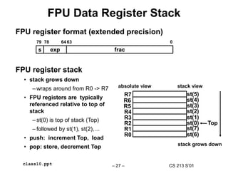 CS 213 S’01
– 27 –
class10.ppt
FPU Data Register Stack
FPU register format (extended precision)
s exp frac
0
63
64
78
79
R7
R6
R5
R4
R3
R2
R1
R0
st(0)
st(1)
st(2)
st(3)
st(4)
st(5)
st(6)
st(7)
Top
FPU register stack
• stack grows down
– wraps around from R0 -> R7
• FPU registers are typically
referenced relative to top of
stack
– st(0) is top of stack (Top)
– followed by st(1), st(2),…
• push: increment Top, load
• pop: store, decrement Top stack grows down
absolute view stack view
 