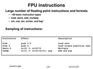 CS 213 S’01
– 28 –
class10.ppt
FPU instructions
Large number of floating point instructions and formats
• ~50 basic instruction types
• load, store, add, multiply
• sin, cos, tan, arctan, and log!
Sampling of instructions:
Instruction Effect Description
fldz push 0.0 Load zero
flds S push S Load single precision real
fmuls S st(0) <- st(0)*S Multiply
faddp st(1) <- st(0)+st(1); pop Add and pop
 