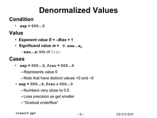 CS 213 S’01
– 9 –
class10.ppt
Denormalized Values
Condition
• exp = 000…0
Value
• Exponent value E = –Bias + 1
• Significand value m = 0.xxx…x2
–xxx…x: bits of frac
Cases
• exp = 000…0, frac = 000…0
– Represents value 0
– Note that have distinct values +0 and –0
• exp = 000…0, frac  000…0
– Numbers very close to 0.0
– Lose precision as get smaller
– “Gradual underflow”
 