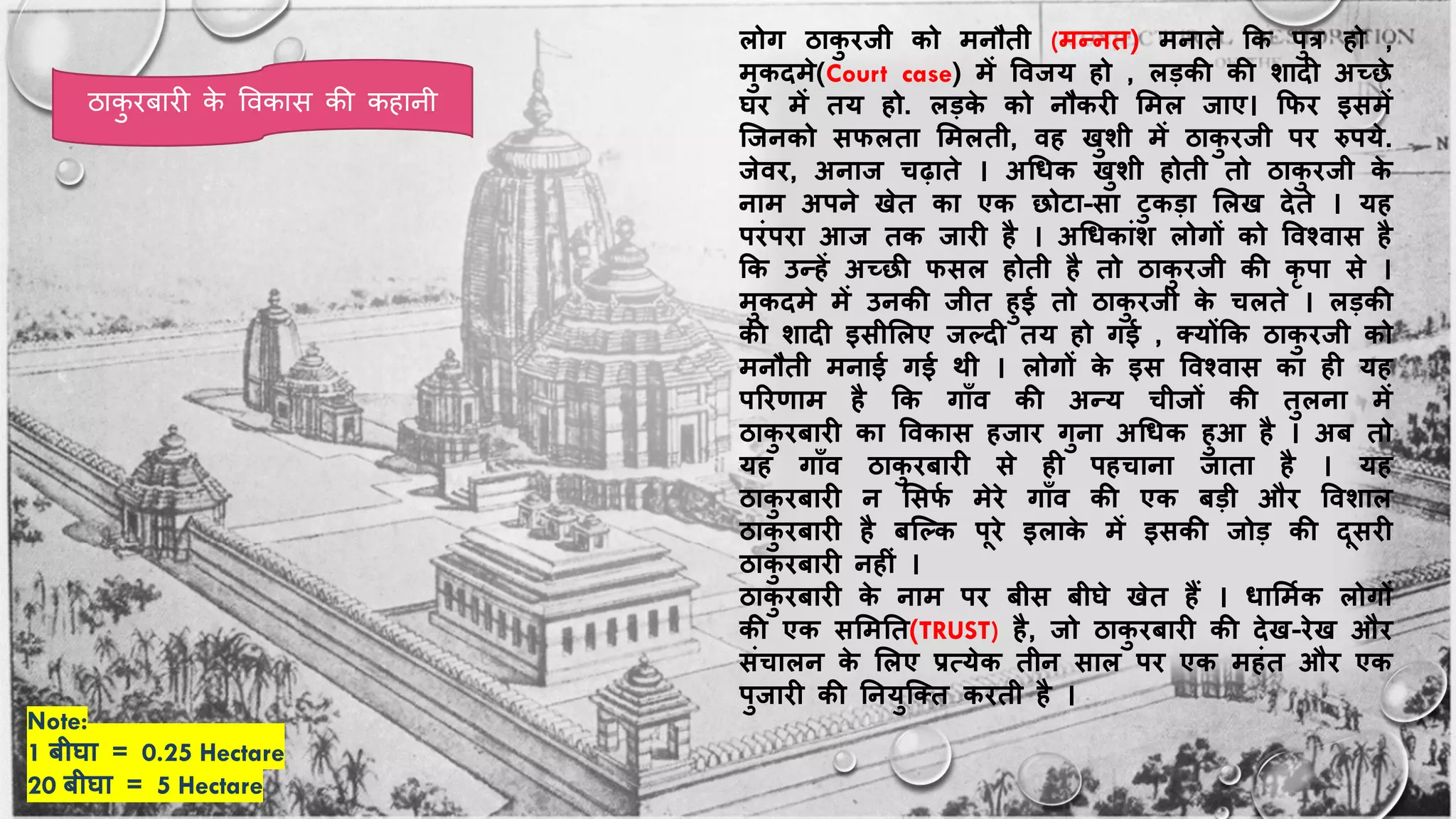 लोग ठाक
ु ििी को मनौती (मन्नत) मनाते कक पुत्र हो ,
मुकिमे(Court case) में वविय हो , लड़की की िाि अच्छे
घि में तय हो. लड़क
े को नौकि शमल िाए। कफि इसमें
जिनको सफलता शमलती, वह खुिी में ठाक
ु ििी पि रुपये.
िेवि, अनाि चढ़ाते । अचधक खुिी होती तो ठाक
ु ििी क
े
नाम अपने खेत का एक छोटा-सा टुकड़ा शलख िेते । यह
पिंपिा आि तक िाि है । अचधकांि लोगों को ववश्वास है
कक उन्हें अच्छी फसल होती है तो ठाक
ु ििी की कृ पा से ।
मुकिमे में उनकी िीत हुई तो ठाक
ु ििी क
े चलते । लड़की
की िाि इसीशलए िल्ि तय हो गई , क्योंकक ठाक
ु ििी को
मनौती मनाई गई िी । लोगों क
े इस ववश्वास का ह यह
परिणाम है कक गाूँव की अन्य चीिों की तुलना में
ठाक
ु िबाि का ववकास हिाि गुना अचधक हुआ है । अब तो
यह गाूँव ठाक
ु िबाि से ह पहचाना िाता है । यह
ठाक
ु िबाि न शसफ
फ मेिे गाूँव की एक बड़ी औि वविाल
ठाक
ु िबाि है बजल्क पिे इलाक
े में इसकी िोड़ की िसि
ठाक
ु िबाि नह ं ।
ठाक
ु िबाि क
े नाम पि बीस बीघे खेत हैं । धाशमफक लोगों
की एक सशमतत(TRUST) है, िो ठाक
ु िबाि की िेख-िेख औि
संचालन क
े शलए प्रत्येक तीन साल पि एक महंत औि एक
पुिाि की तनयुजक्त किती है ।
Note:
1 बीघा = 0.25 Hectare
20 बीघा = 5 Hectare
ठाक
ु िबािी क
े ववकास की कहानी
 
