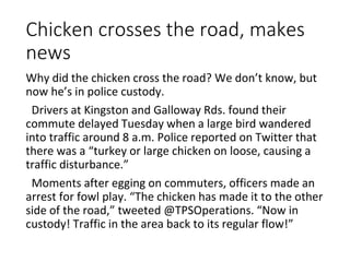 Chicken crosses the road, makes
news
Why did the chicken cross the road? We don’t know, but
now he’s in police custody.
Drivers at Kingston and Galloway Rds. found their
commute delayed Tuesday when a large bird wandered
into traffic around 8 a.m. Police reported on Twitter that
there was a “turkey or large chicken on loose, causing a
traffic disturbance.”
Moments after egging on commuters, officers made an
arrest for fowl play. “The chicken has made it to the other
side of the road,” tweeted @TPSOperations. “Now in
custody! Traffic in the area back to its regular flow!”
 