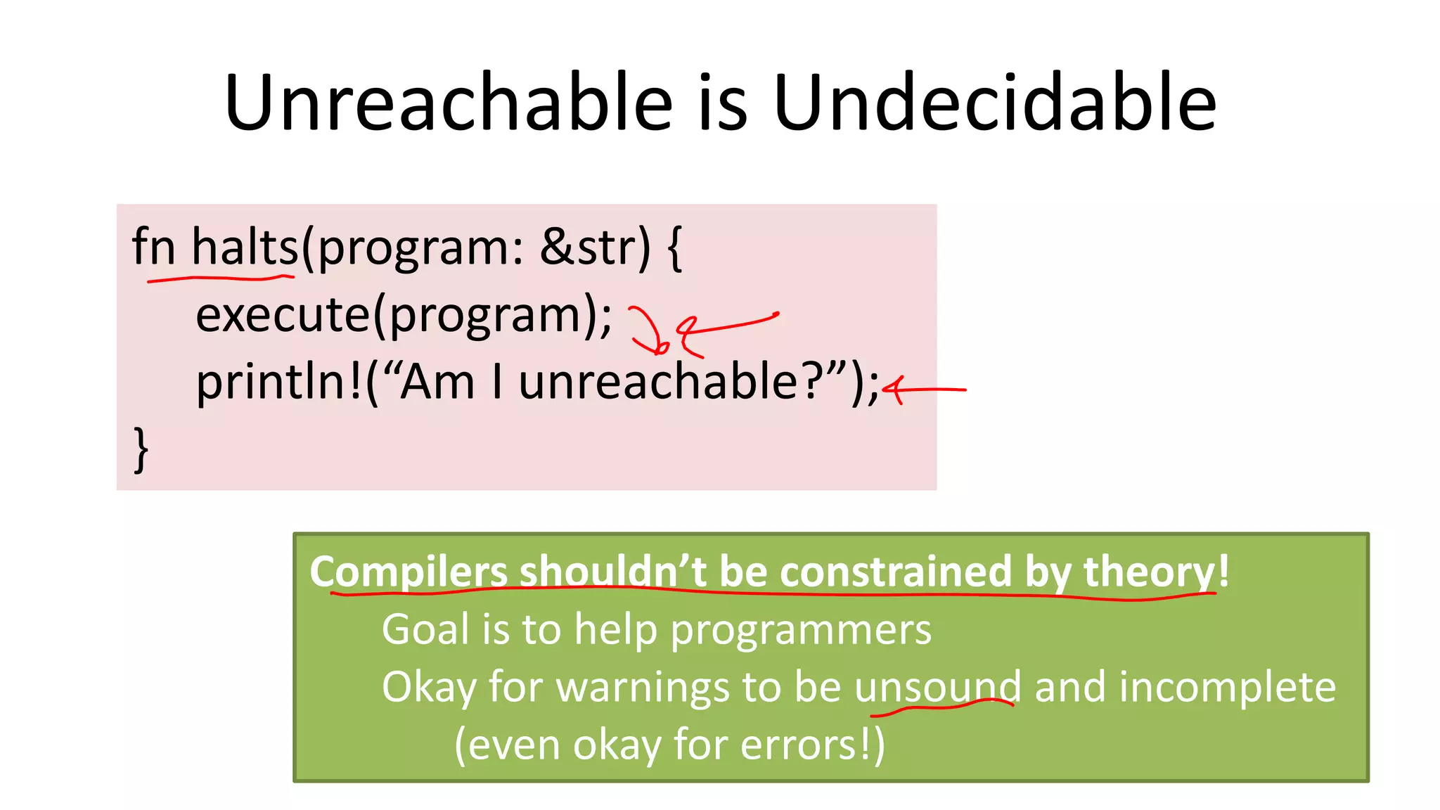Unreachable is Undecidable
fn halts(program: &str) {
execute(program);
println!(“Am I unreachable?”);
}
Compilers shouldn’t be constrained by theory!
Goal is to help programmers
Okay for warnings to be unsound and incomplete
(even okay for errors!)
15

 