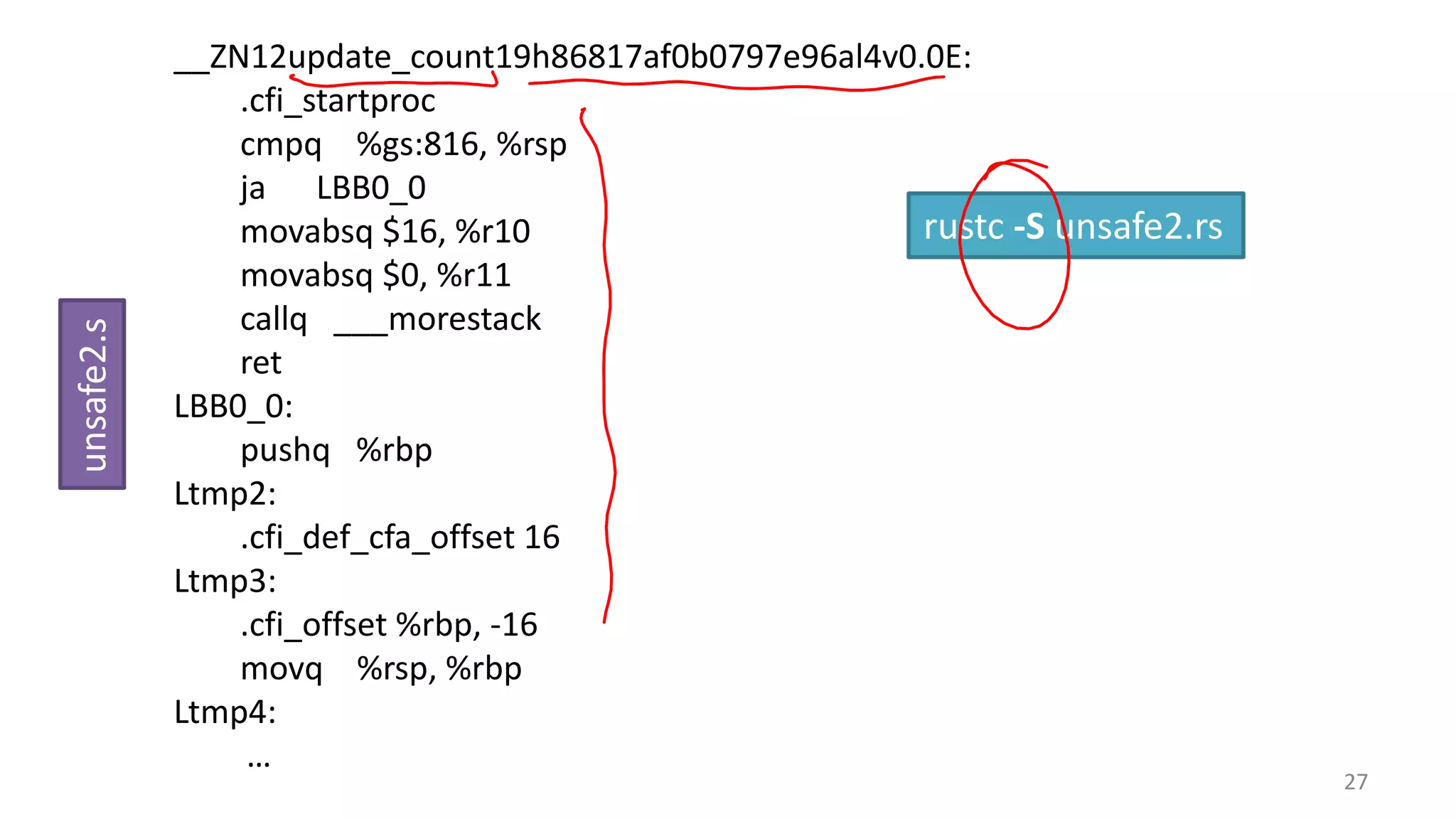 unsafe2.s

__ZN12update_count19h86817af0b0797e96al4v0.0E:
.cfi_startproc
cmpq %gs:816, %rsp
ja LBB0_0
rustc -S unsafe2.rs
movabsq $16, %r10
movabsq $0, %r11
callq ___morestack
ret
LBB0_0:
pushq %rbp
Ltmp2:
.cfi_def_cfa_offset 16
Ltmp3:
.cfi_offset %rbp, -16
movq %rsp, %rbp
Ltmp4:
…

27

 
