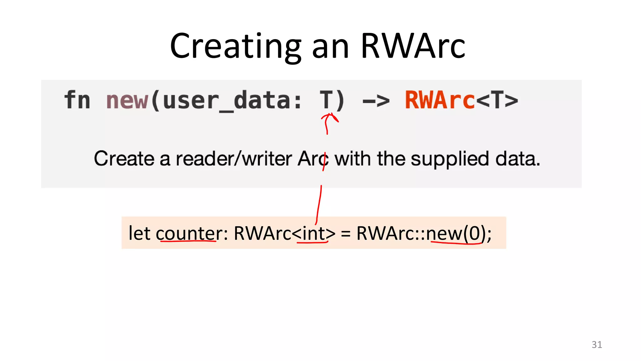 Creating an RWArc

let counter: RWArc<int> = RWArc::new(0);

31

 
