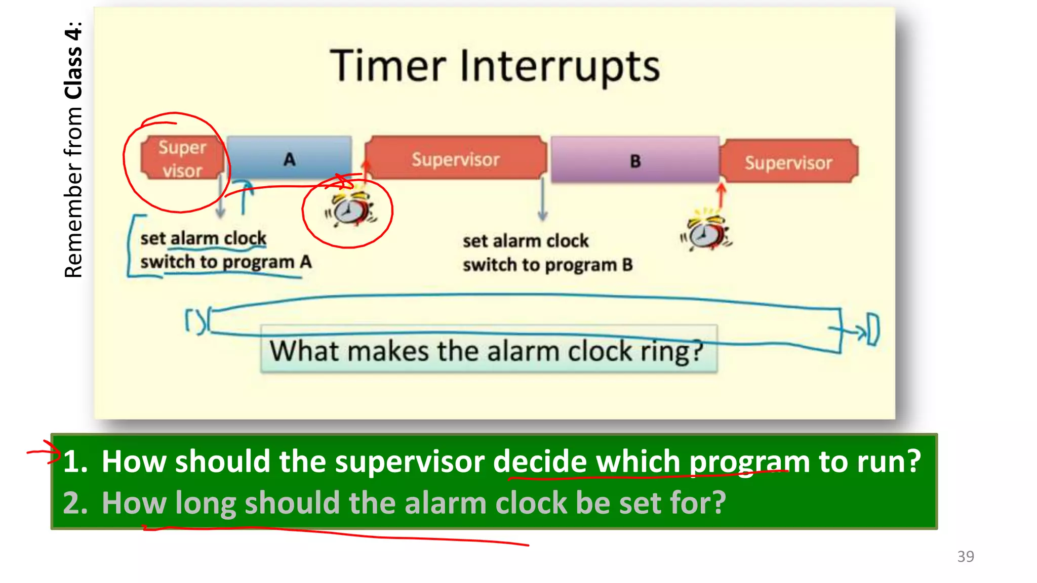 Remember from Class 4:

1. How should the supervisor decide which program to run?
2. How long should the alarm clock be set for?
39

 