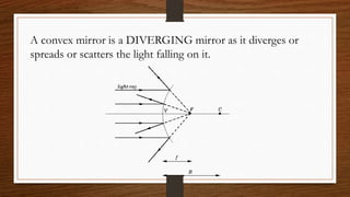 A convex mirror is a DIVERGING mirror as it diverges or
spreads or scatters the light falling on it.
 