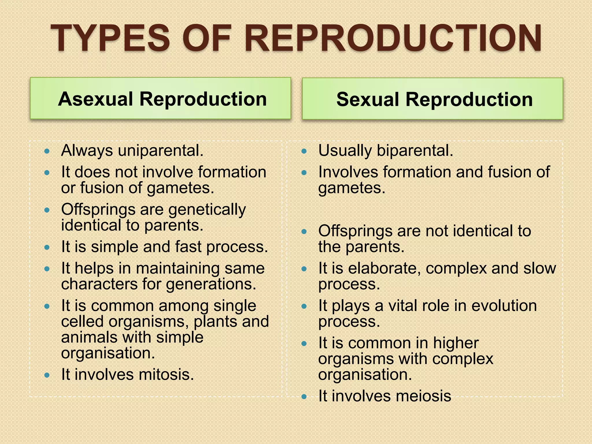 TYPES OF REPRODUCTION
Asexual Reproduction Sexual Reproduction
 Always uniparental.
 It does not involve formation
or fusion of gametes.
 Offsprings are genetically
identical to parents.
 It is simple and fast process.
 It helps in maintaining same
characters for generations.
 It is common among single
celled organisms, plants and
animals with simple
organisation.
 It involves mitosis.
 Usually biparental.
 Involves formation and fusion of
gametes.
 Offsprings are not identical to
the parents.
 It is elaborate, complex and slow
process.
 It plays a vital role in evolution
process.
 It is common in higher
organisms with complex
organisation.
 It involves meiosis
 