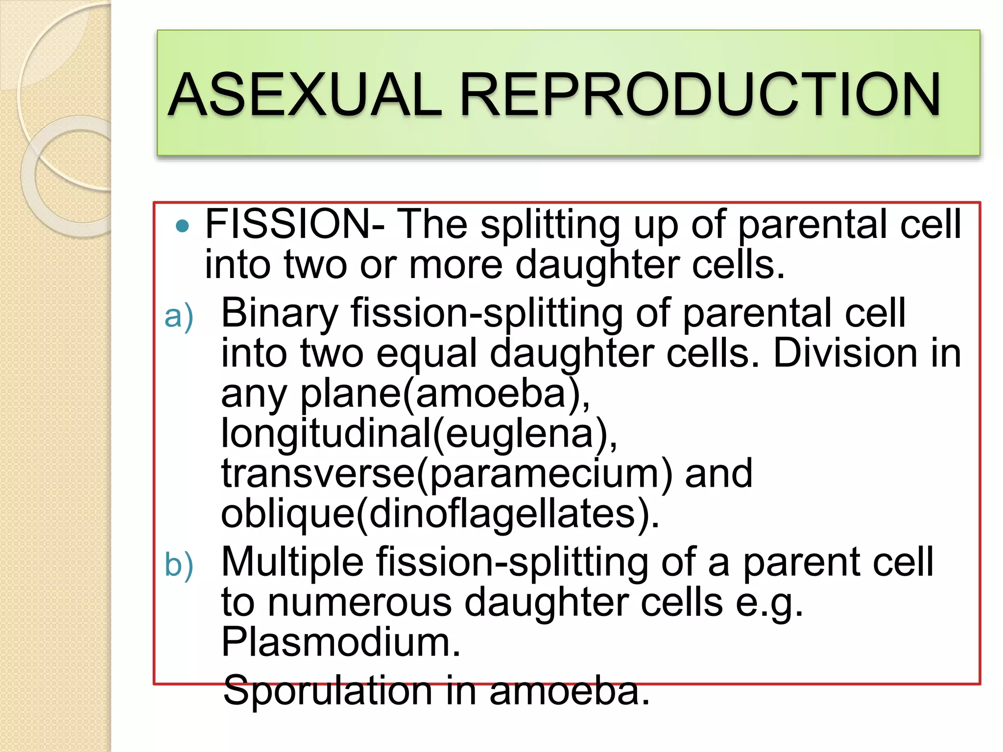 ASEXUAL REPRODUCTION
 FISSION- The splitting up of parental cell
into two or more daughter cells.
a) Binary fission-splitting of parental cell
into two equal daughter cells. Division in
any plane(amoeba),
longitudinal(euglena),
transverse(paramecium) and
oblique(dinoflagellates).
b) Multiple fission-splitting of a parent cell
to numerous daughter cells e.g.
Plasmodium.
Sporulation in amoeba.
 