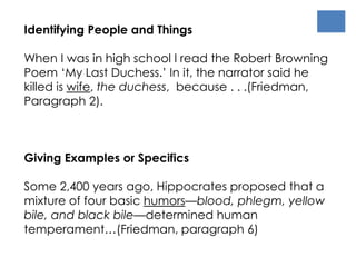 Identifying People and Things 
When I was in high school I read the Robert Browning 
Poem ‘My Last Duchess.’ In it, the narrator said he 
killed is wife, the duchess, because . . .(Friedman, 
Paragraph 2). 
Giving Examples or Specifics 
Some 2,400 years ago, Hippocrates proposed that a 
mixture of four basic humors—blood, phlegm, yellow 
bile, and black bile—determined human 
temperament…(Friedman, paragraph 6) 
 