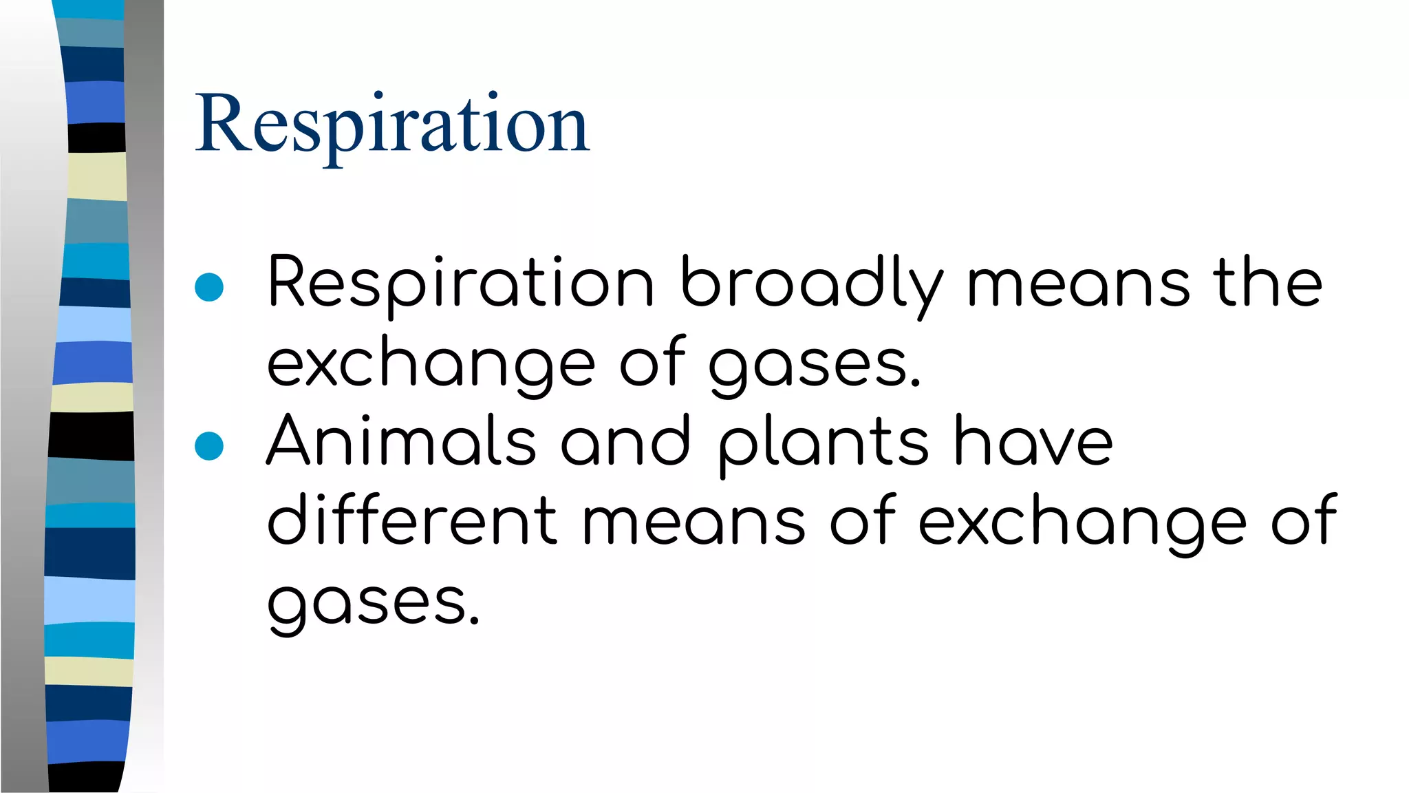 Respiration
● Respiration broadly means the
exchange of gases.
● Animals and plants have
different means of exchange of
gases.
 