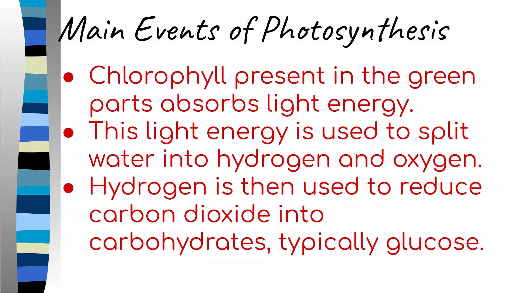 ● Chlorophyll present in the green
parts absorbs light energy.
● This light energy is used to split
water into hydrogen and oxygen.
● Hydrogen is then used to reduce
carbon dioxide into
carbohydrates, typically glucose.
Main Events of Photosynthesis
 