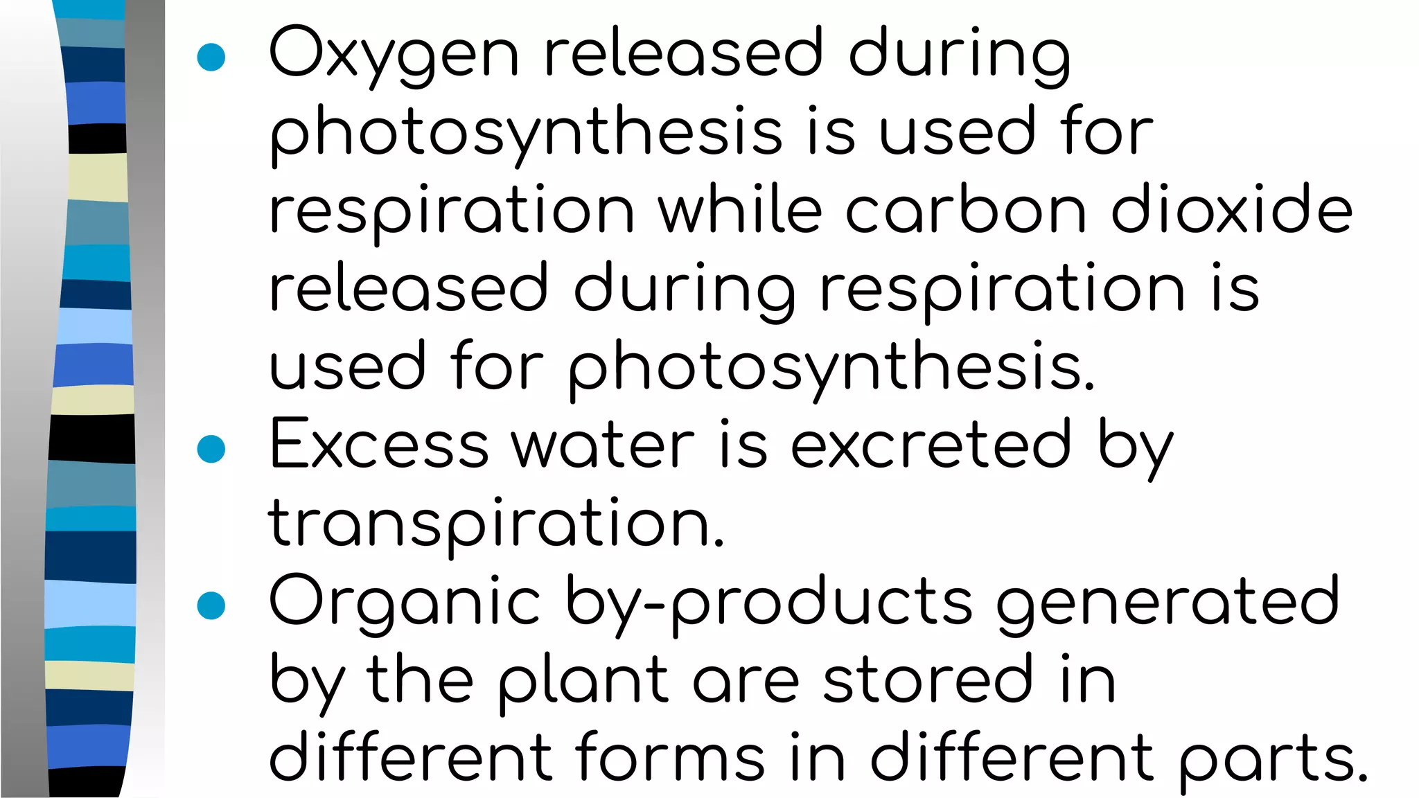 ● Oxygen released during
photosynthesis is used for
respiration while carbon dioxide
released during respiration is
used for photosynthesis.
● Excess water is excreted by
transpiration.
● Organic by-products generated
by the plant are stored in
different forms in different parts.
 