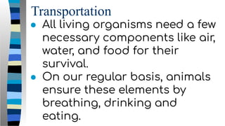 Transportation
● All living organisms need a few
necessary components like air,
water, and food for their
survival.
● On our regular basis, animals
ensure these elements by
breathing, drinking and
eating.
 