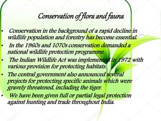 Conservationof floraand fauna
• Conservation in the background of a rapid decline in
wildlife population and forestry has become essential.
• In the 1960s and 1070s conservation demanded a
national wildlife protection programme.
• The Indian Wildlife Act was implemented in 1972 with
various provision for protecting habitats.
• The central government also announced several
projects for protecting specific animals which were
gravely threatened, including the tiger.
• We have been given full or partial legal protection
against hunting and trade throughout India.
 