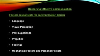 Barriers to Effective Communication
Factors responsible for communication Barrier
• Language
• Visual Perception
• Past Experience
• Prejudice
• Feelings
• Mechanical Factors and Personal Factors
 