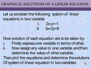 GRAPHICAL SOLUTIONS OF A LINEAR EQUATION
Let usconsider the following system of linear
equations in two variable
I. 2x-y=-...