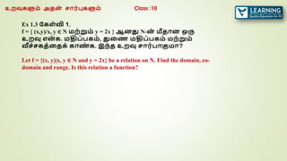 Ex 1.3 ககள்வி 1.
f = { (x,y)/x, y ∈ N மற்றும் y = 2x } ஆனது N-ன
் மீதான ஒரு
உறவு என
் க. மதிப்பகம், துரண மதிப்பகம் மற்றும்
வீச்சகத்ரதக் காண
் க. இந்த உறவு சார்பாகுமா?
Let f = {(x, y)|x, y ∈ N and y = 2x} be a relation on N. Find the domain, co-
domain and range. Is this relation a function?
உறவுகளும் அதன
் சார்புகளும் Class :10
 