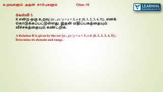 ககள்வி 3.
R என
் ற ஒரு உறவு {(x , y) / y = x + 3, x ∈ {0, 1, 2, 3, 4, 5}}. எனக்
வகாடுக்கப்பட்டுள்ளது. இதன
் மதிப்பகத்ரதயும்
வீச்சகத்ரதயும் கண
் டறிக.
A Relation R is given by the set {(x , y) / y = x + 3, x ∈ {0, 1, 2, 3, 4, 5}}.
Determine its domain and range.
உறவுகளும் அதன
் சார்புகளும் Class :10
 