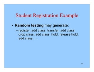 14
Student Registration Example
• Random testing may generate:
– register, add class, transfer, add class,
drop class, add class, hold, release hold,
add class, …
 