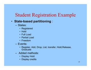 15
Student Registration Example
• State-based partitioning :
– States:
• Registered
• Hold
• Full Load
• Partial Load
• Freedom
– Events:
• Register, Add, Drop, List, transfer, Hold,Release,
Graduate
– Added methods:
• Display Hold
• Display credits
 