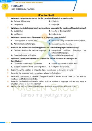 How Is Federalism Practised Notes CLASS 10 POLITICAL SCIENCE Chapterwise topicwise Notes CHAPTER-2 ...