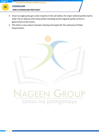 How Is Federalism Practised Notes CLASS 10 POLITICAL SCIENCE Chapterwise topicwise Notes CHAPTER-2 ...