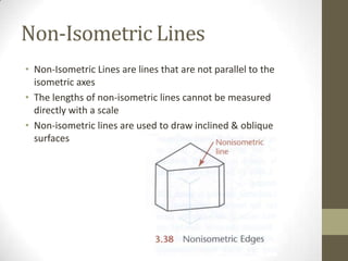 Non-Isometric Lines
• Non-Isometric Lines are lines that are not parallel to the
  isometric axes
• The lengths of non-isometric lines cannot be measured
  directly with a scale
• Non-isometric lines are used to draw inclined & oblique
  surfaces
 