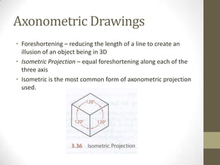 Axonometric Drawings
• Foreshortening – reducing the length of a line to create an
  illusion of an object being in 3D
• Isometric Projection – equal foreshortening along each of the
  three axis
• Isometric is the most common form of axonometric projection
  used.
 