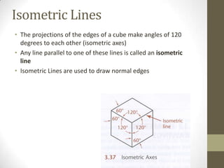 Isometric Lines
• The projections of the edges of a cube make angles of 120
  degrees to each other (isometric axes)
• Any line parallel to one of these lines is called an isometric
  line
• Isometric Lines are used to draw normal edges
 